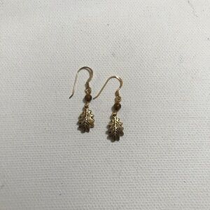 Gold Tone Delicate Tiger’s Eye Bead Leaf Dangle Earrings
